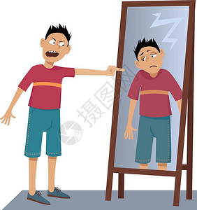 自卑一个消极的人在镜子里对自己悲伤的倒影尖叫插画
