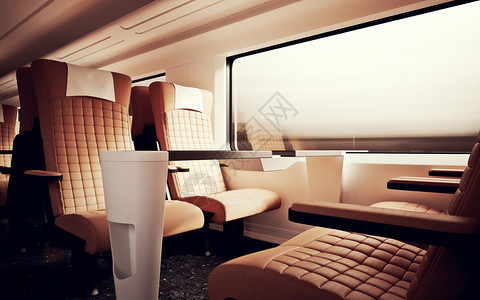 可移动座椅头等舱现代高速列车内部没有人棕色椅子WindowComfortable座椅和桌子商务旅行3D渲染高行材料设计图片