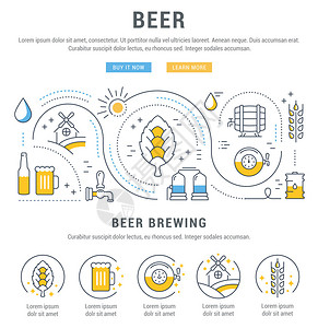 啤酒制造小麦种植和酒精销售的平线插图网页横幅和印刷材料的概念带有网站横幅和登陆页背景图片
