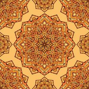 东方橙色装饰品曼荼罗的无缝矢量设计纺织品披肩亚麻布地毯壁纸背景图片