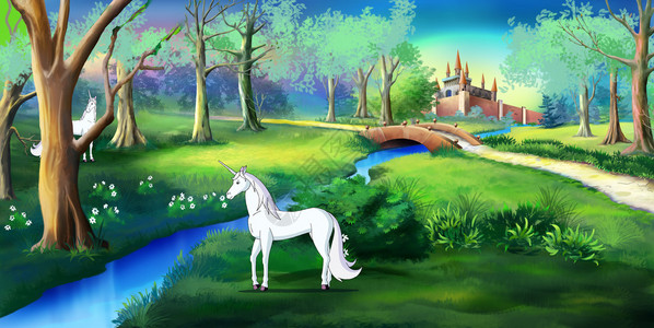 白色独角兽在童话城堡附近的魔法森林里数字绘画卡通风图片