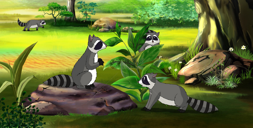 Raccoon的家庭在春天森林里数字绘画卡通风图片