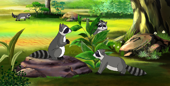 Raccoon的家庭在春天森林里数字绘画卡通风背景图片