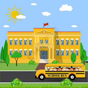 欢迎回到学校舍公共汽车和前院图片