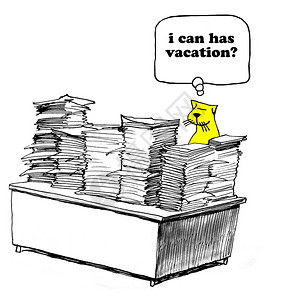卡通说一个员工想去度假而不是完成纸堆的写字工作图片