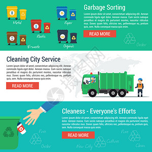 矢量三个水平横幅清洁城市服务和一套垃圾桶卡车工背景图片