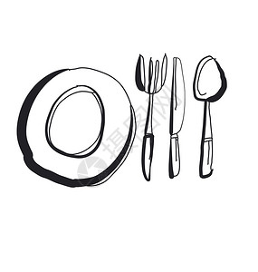 厨房餐具手工绘制图像叉子刀子板子和勺子素描艺术作图片