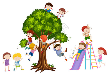 孩子们在树上玩耍和幻灯片插图背景图片