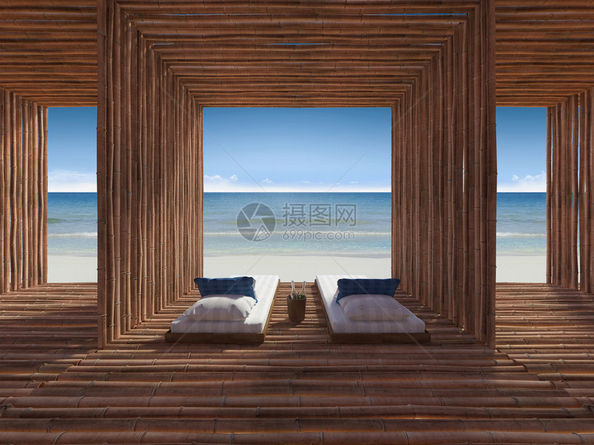 竹房中蓝白沙发床位置的3d渲染图像图片