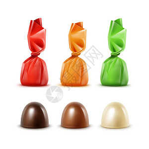 向量集的现实暗黑苦白牛奶巧克力糖果在彩色红黄橙绿光泽箔包装隔背景图片