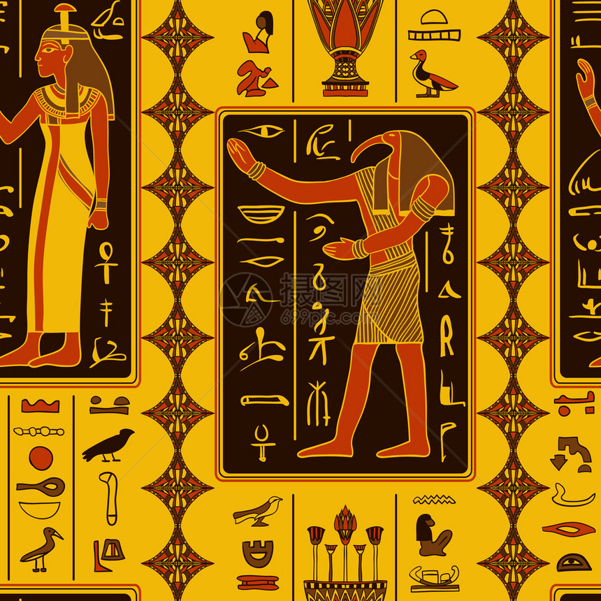 与希腊神和古代埃及象形体的无缝模式Retro图片