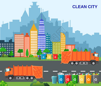 城市垃圾回收概念与垃圾车概念废物处理和类型分类管理概念清洁城市平面设图片