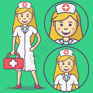 卡通护士在磨砂和医疗工具包矢量护士表情符号护士图标以卡通风格图片