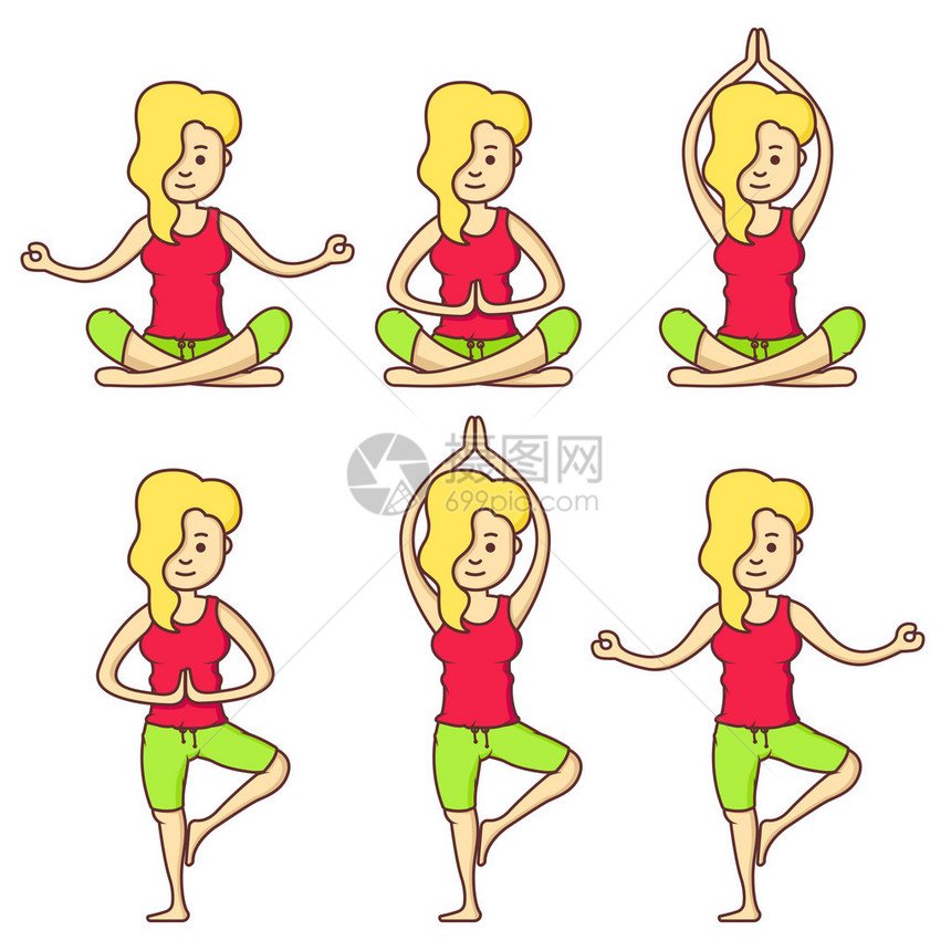 矢量集与美丽的卡通女人行使各种不同的瑜伽姿势健身姿势卡通瑜伽在瑜伽姿势的女孩放松女孩放图片