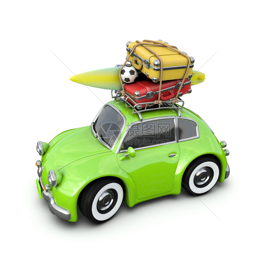 带行李和冲浪板的逆向汽车在旅途中被白色隔图片