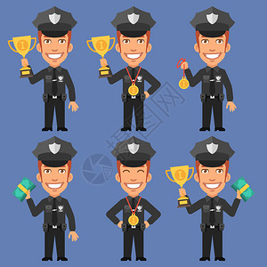 矢量说明警察持有杯奖章和奖金格图片