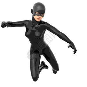 一位穿着黑色超级套装的年轻超级英雄苗条女孩她跳进了攻的位置右图片