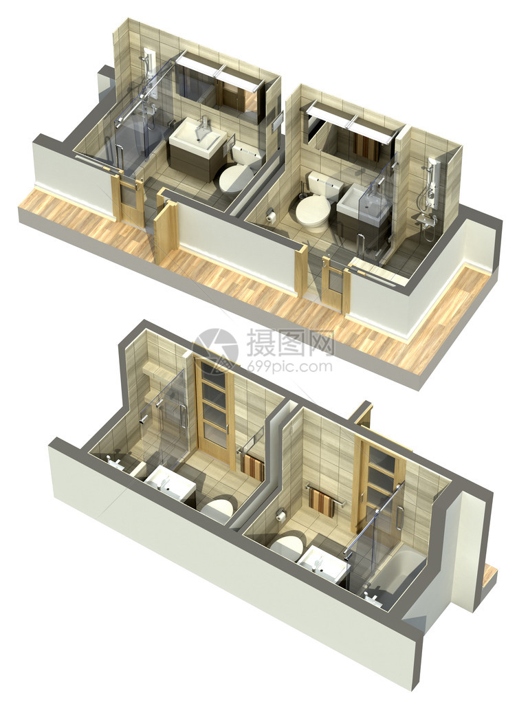 显示覆盖所有四个角落的两间浴室以等度视图显图片