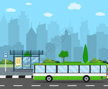 带座位的巴士站和带城市天际线的绿色城市巴士平面设图片