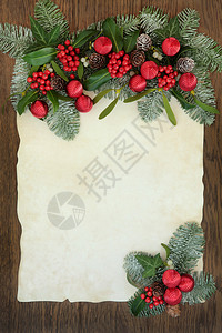 牧濑红莉栖圣诞的抽象背景边界与红毛巾荷莉花草寄生虫易卜藤松木和雪覆盖了橡树上旧羊皮插画