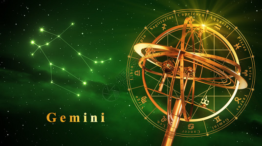 绿色背景上的圆形球体和星座Gemini图片