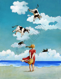 一个女孩从后面看在海滩上望向海看着天插画
