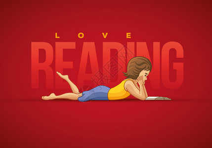 女孩躺着看书矢量插图和海报设计模板图片
