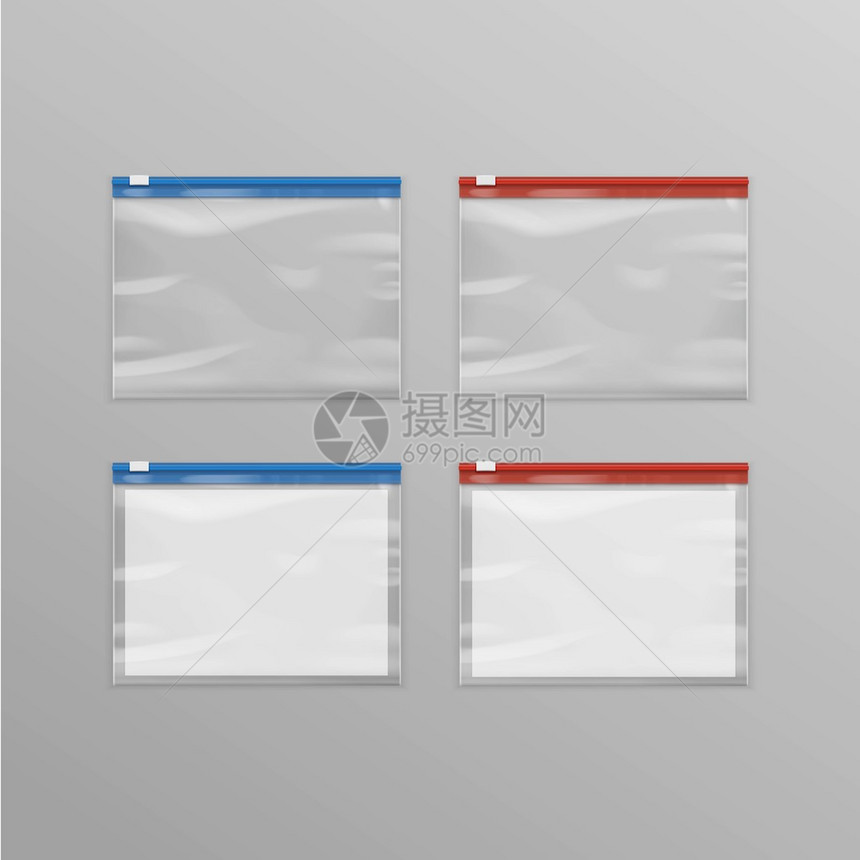 红色蓝密封的红向量集空透明可塑纸质袋关闭在背景图片