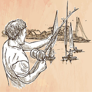 费舍尔钓鱼一名渔夫在海边捕鱼手绘草图插画