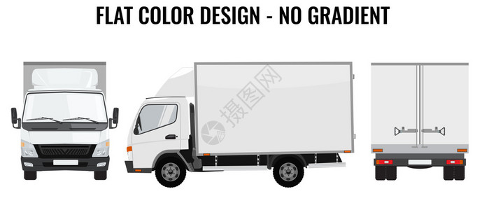 矢量小卡车前视图后视图和侧视图货物运送和平面颜色设计运输的白色卡车汽背景图片