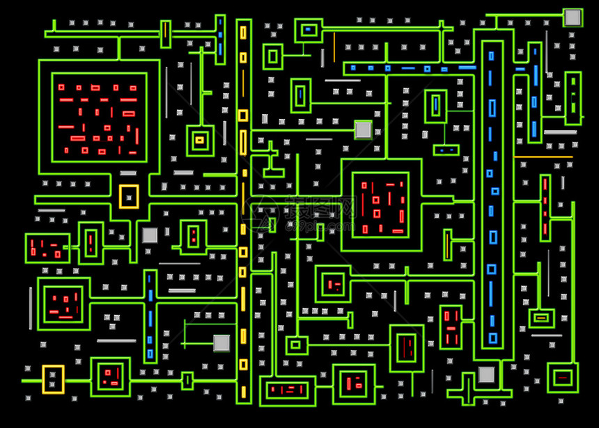 有趣的抽象微芯片板隔离在黑色背景上插图形霓虹灯颜色有亮绿色黄色图片