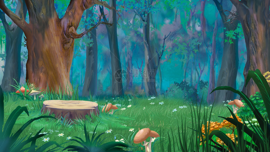 树桩周围的蘑菇在森林角上图片