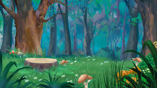 树桩周围的蘑菇在森林角上背景图片