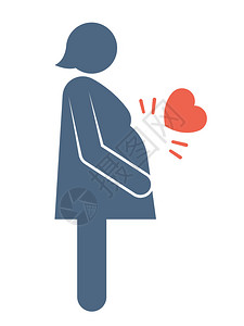 肿块一名腹部肿胀的孕妇的侧视剪影和一个红色的心脏图标插画