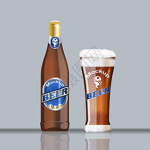 数字矢量玻璃和一瓶棕色啤酒背景图片