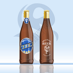 数字矢量褐色啤酒模型蓝和金酒瓶现实的平板风格孤立并准备就绪图片