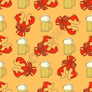啤酒和龙虾模式橙色背图片