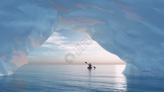 用小船划人到冰山的船头这是一个3d渲染插图图片
