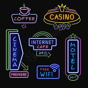 尼昂旅馆网吧咖啡馆电影院和赌场夜中现实的图标牌背景图片