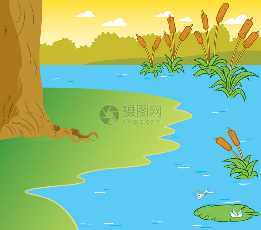 插图显示了池塘岸边部分带和水图片