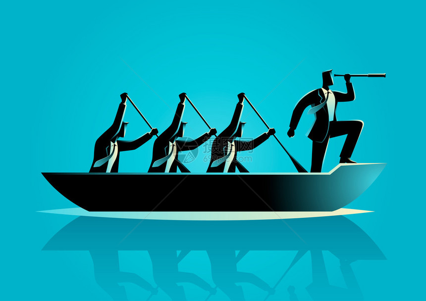 商业概念中商人划船团队成功领导力的轮图说明Silho图片