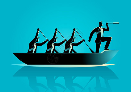 商业概念中商人划船团队成功领导力的轮图说明Silho图片