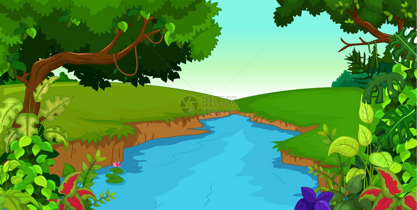 森林背景与河流的插图图片
