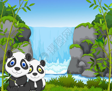 有趣的卡通熊猫与瀑布背景的插图图片