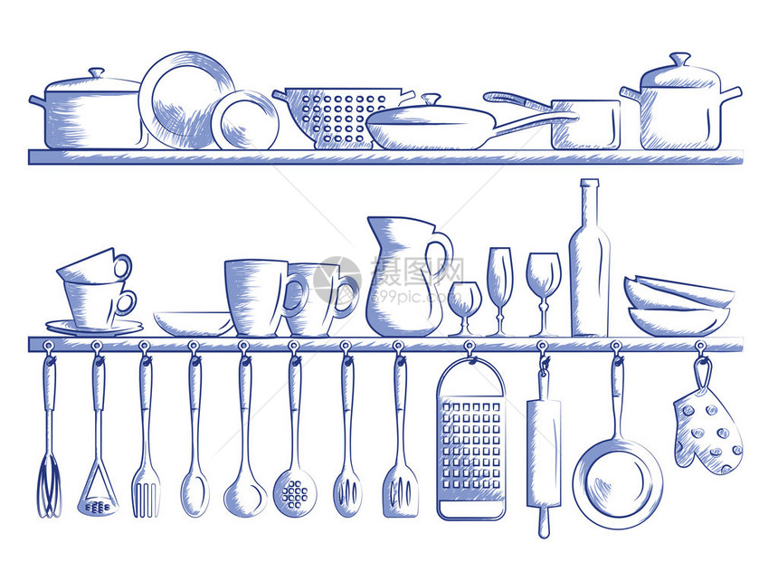 厨房架子和烹饪用具手工绘制卡通图片