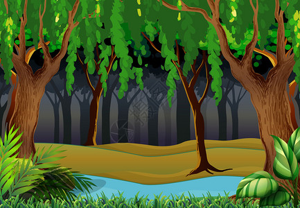 森林场景与树木和河流插图图片