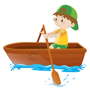 小男孩独自划船插画图片