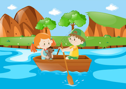 孩子们在河里划船插图图片