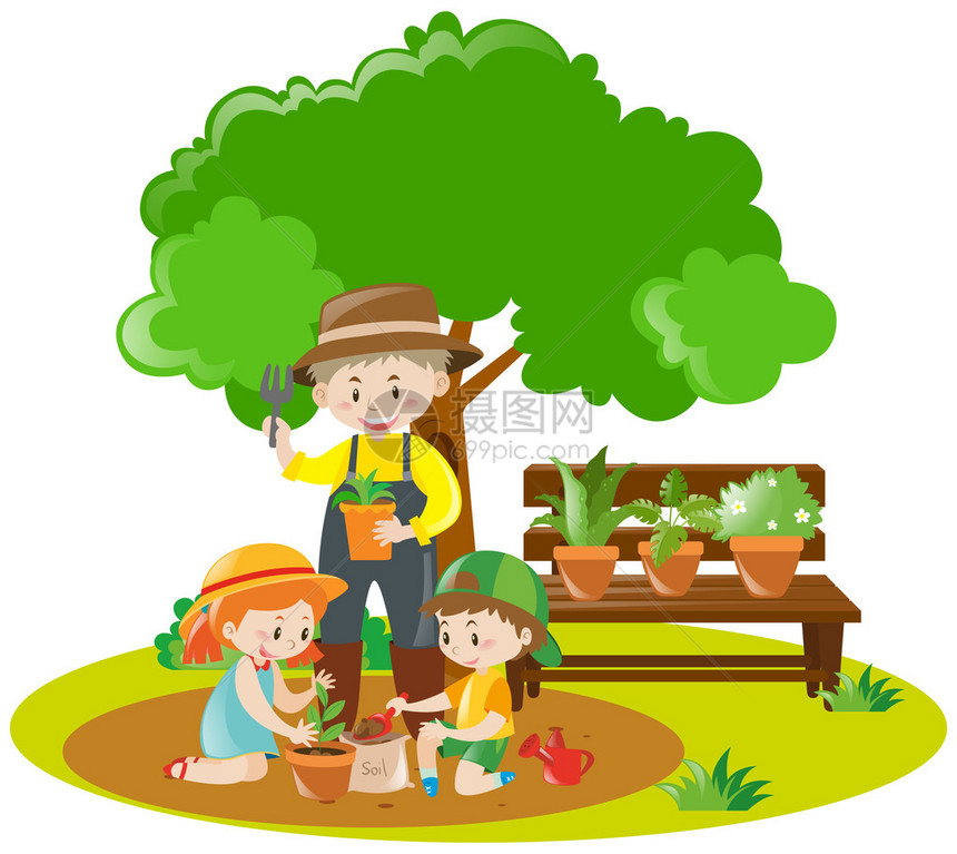 孩子和园丁在花园插图中种植图片
