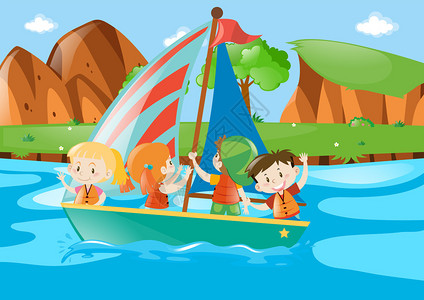 四个孩子在河里的帆船插图图片